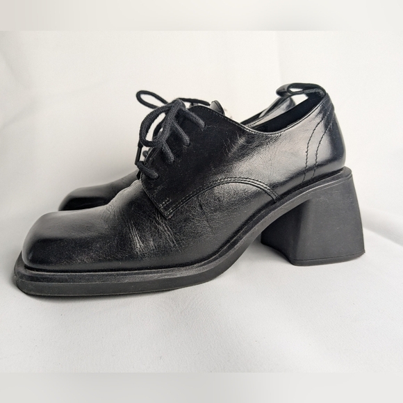 L'INTERVALLE Black Glossy Leather Block Heel Laces Shoes Square Tip Size 37 - Picture 4 of 10